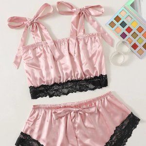 3 for 20 💖 Pink Satin Black Lace Bow Detail Matching Lingerie Pajama Set